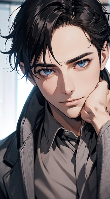 (best quality,4k,8k,highres,masterpiece:1.2),ultra-detailed,(realistic,photorealistic,photo-realistic:1.37),1 man,31 years old,mature man,very handsome,without expression,smile,short grey black hair,blue eyes,penetrating gaze,perfect face without errors,imposing posture,businessman,office background,cinematic lighting,hdr image