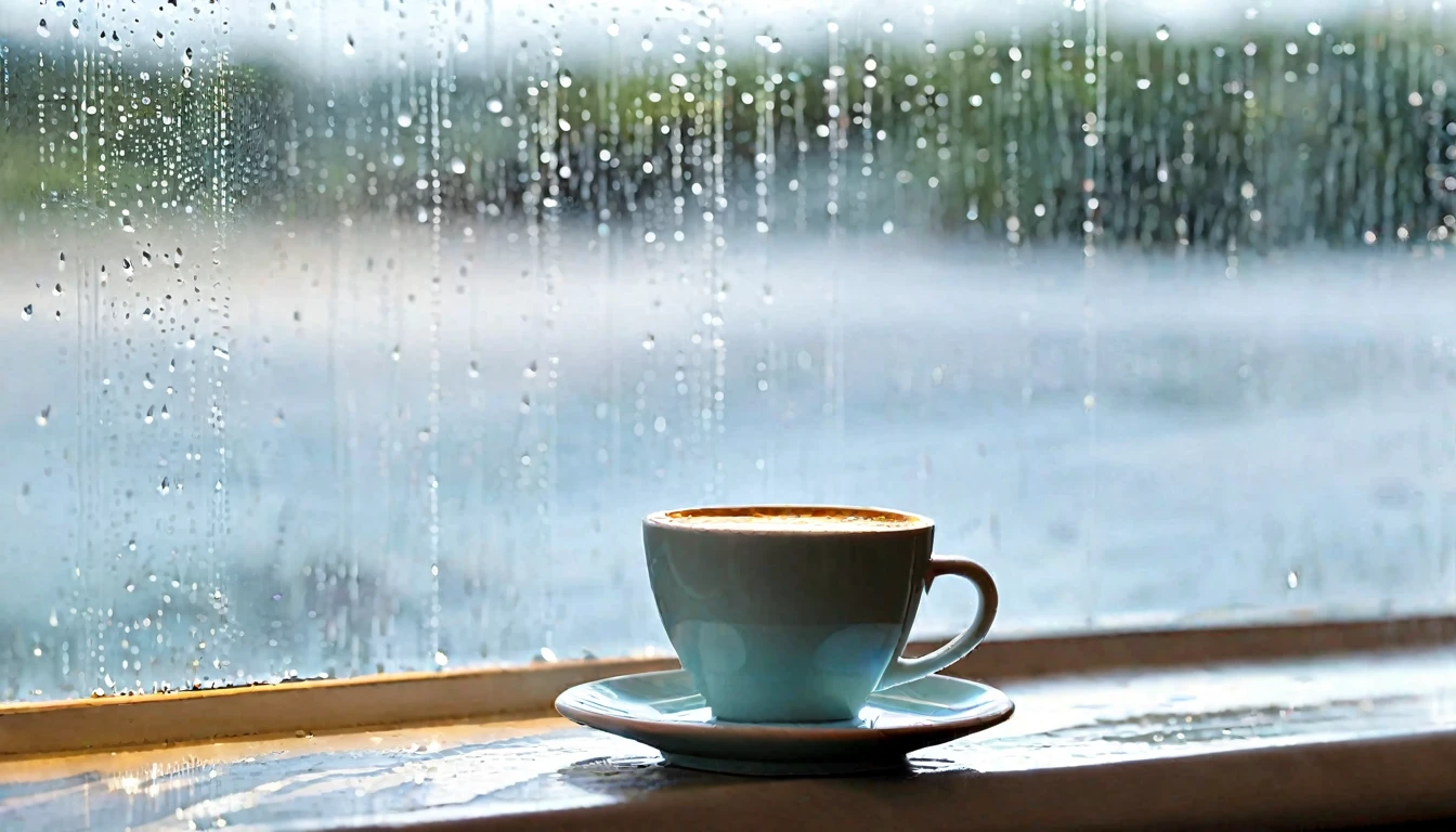 A beautiful seascape picture outside the window,Beautiful coastline,live action style,With romantic aesthetics,Beautiful light and shadow of afternoon sun,Natural Elements,The whole glass window is covered with rain .The fog is so thick that you can’t see the actual scene.Bokeh background outside window.No window frames .Close-up of partial rain on glass.Don’t have a real image in the background.As long as the bokeh effect.You can feel the raindrops flowing on the glass。Rain slides across the glass,Blurred the outside scene,Only the beauty of bokeh is left。This picture makes people feel peaceful、comfortable,It’s like being in a small world sheltered from the wind and rain。Add a cup of steaming latte coffee to the window.Poetic and romantic picture