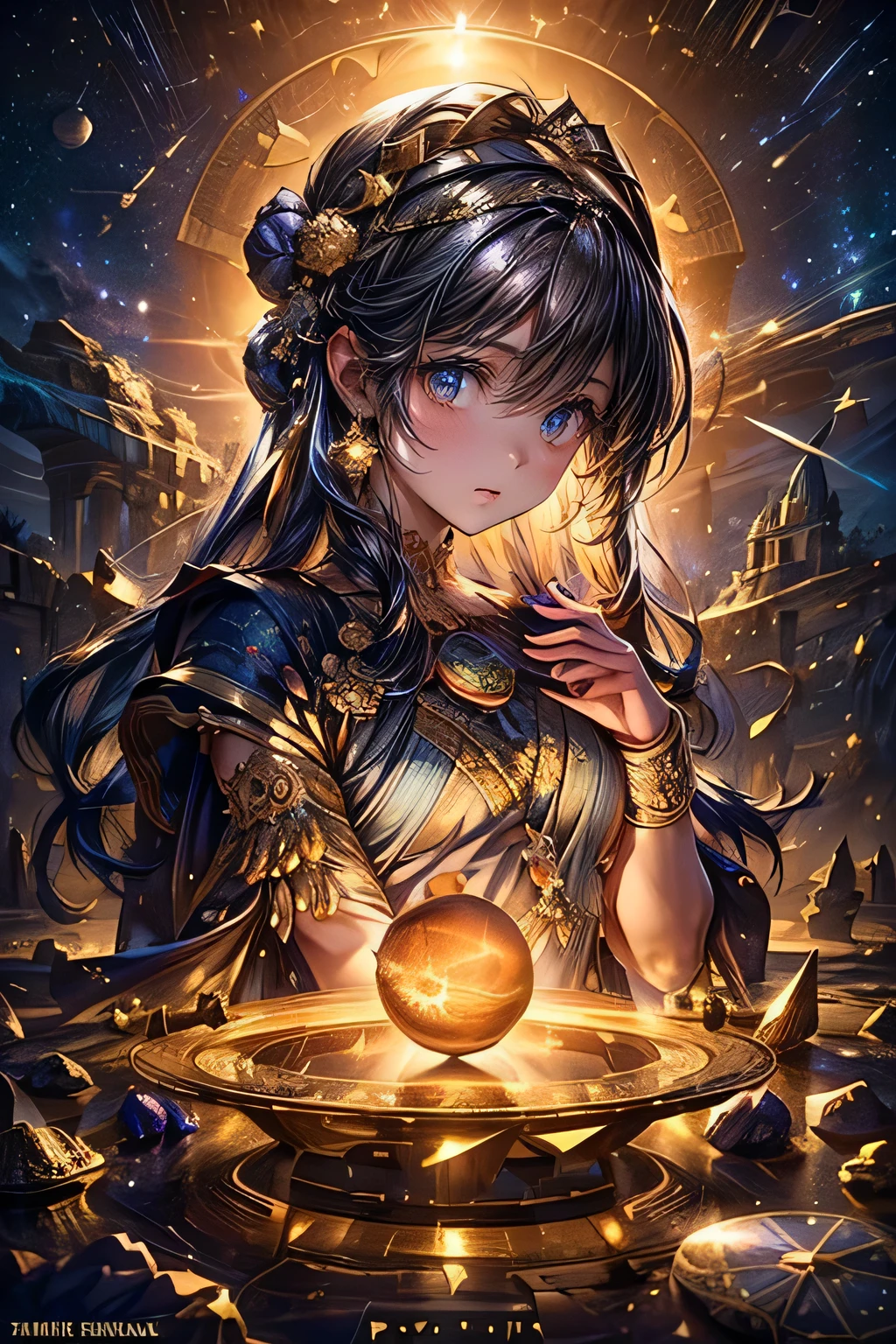 A beautiful young astrologist girl in ancient Babylonia, performing celestial divination to determine the fortune and fate of the royal family, detailed depiction of the sun, moon, planets and asteroids, intricate astrological symbols and celestial patterns, dramatic lighting, cinematic composition, vibrant colors, digital art, concept art, masterpiece, 8k, high quality, photorealistic