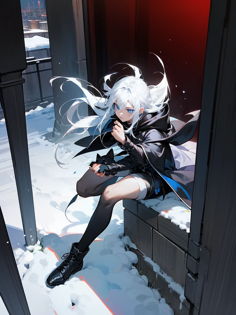 Modern style, A young male with long snow-white hair, blue eyes, and fair skin, wearing a black hood, black thigh-high shorts, white socks that go past the ankles, and black shoes with white laces, Modern city, night, dark alley, black cat, crows snatching food