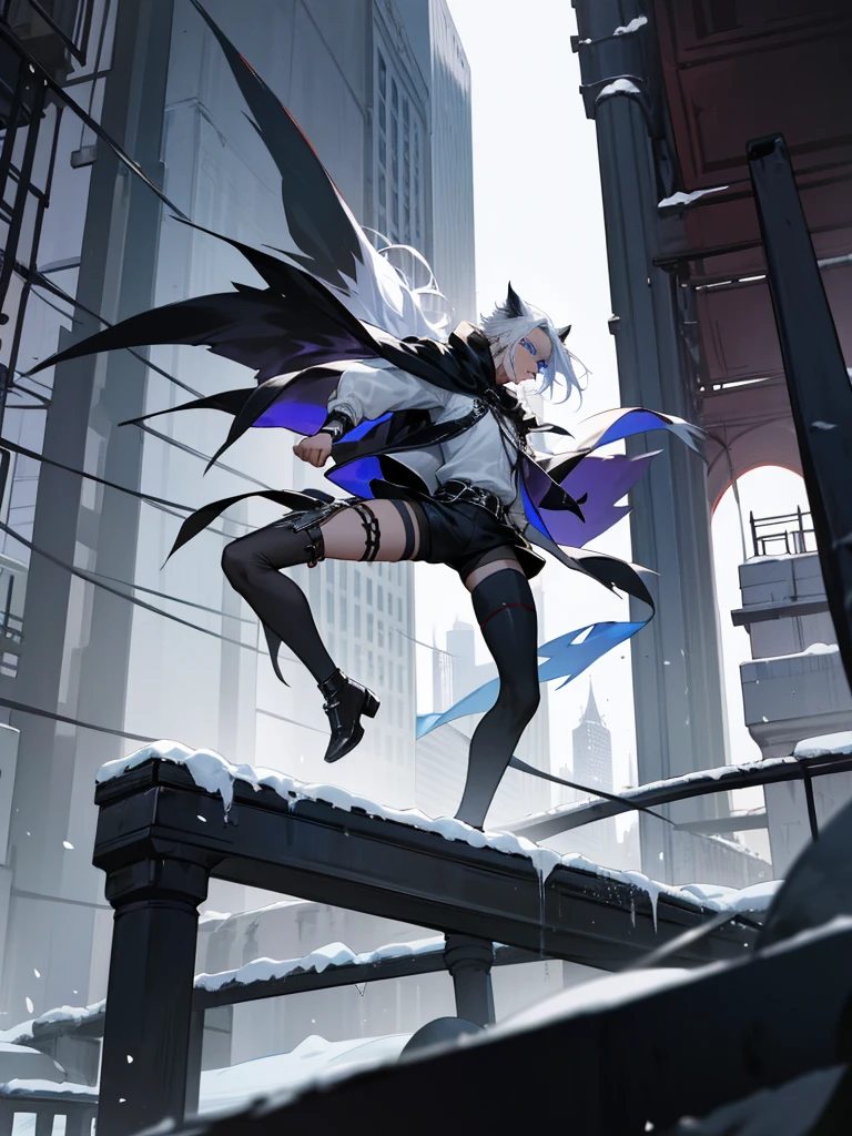 Modern style, A young male with long snow-white hair, blue eyes, and fair skin, wearing a black hood, black thigh-high shorts, white socks that go past the ankles, and black shoes with white laces, Modern city, night, dark alley, black cat, crows snatching food