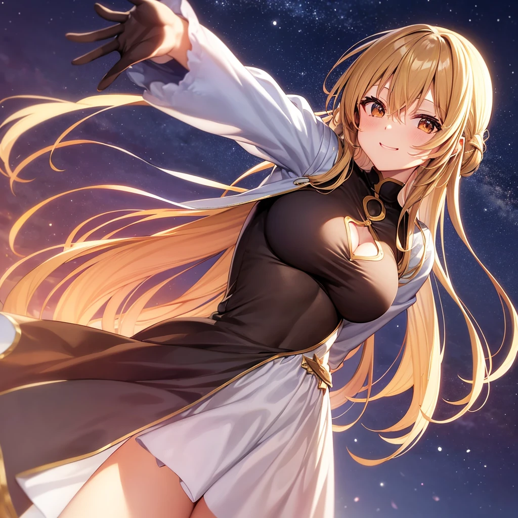 asuna,STAR, crown half up hairstyle,, woman, happy, cleavage cutout, dress, overexplosure, open jacket, light brown Clothes, dusk sky, dusk, sunset,Free Pose、Only one woman、Big Breasts、Low - Angle