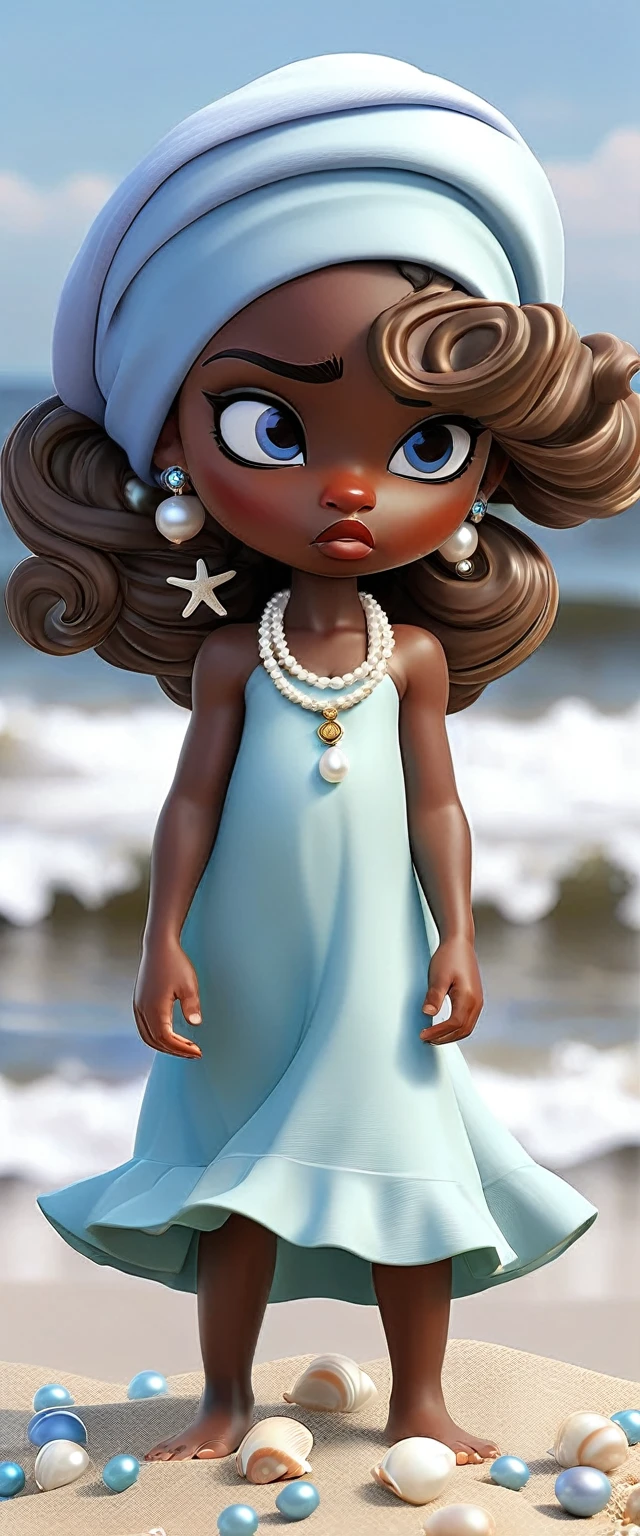 a , on the edge of the beach, with a light blue dress full of shells, with curly brown hair, a white turban with pearls on the head, blue eye, with a blue pacifier, with black skin, barefoot,