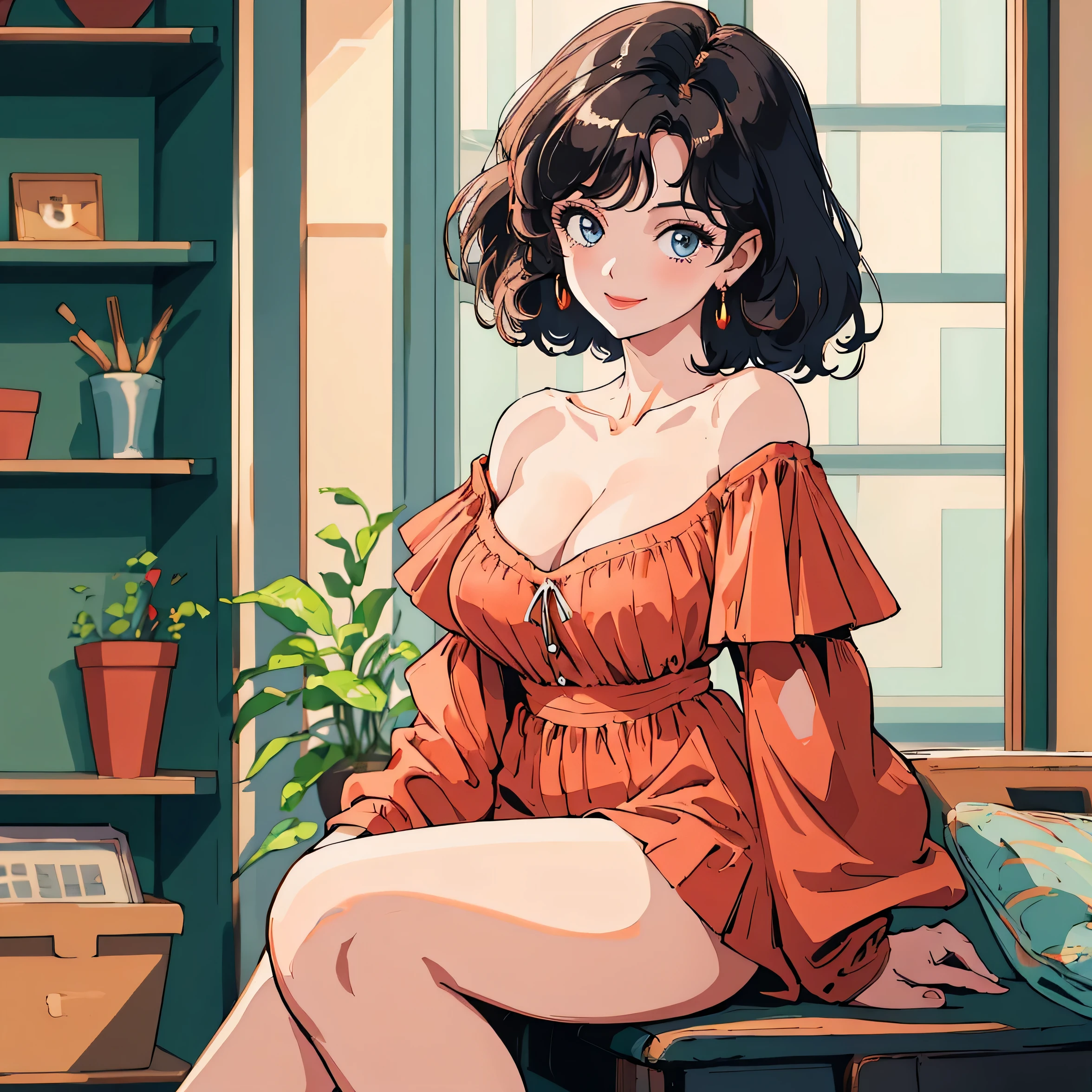 (Best quality, Masterpiece, A high resolution),1girll,Close-up shot，Super large breasts，Off-the-shoulder attire，cleavage，Solo,Short hair,Wavy hair,Smile,