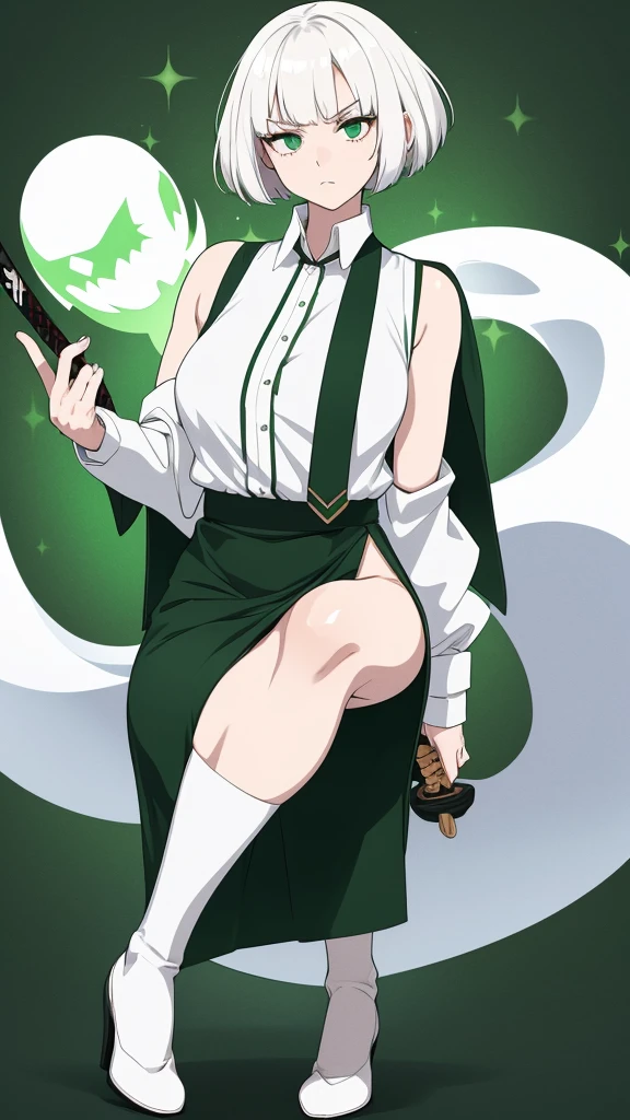 a tall girl, short hair, albino white hair, her green eye, glitter, big black eye, she wears a white button-down blouse, underneath a green sleeveless coat, a dark green maxi skirt, a pair of white socks, a black heel, carrying a flexible ghost katana.