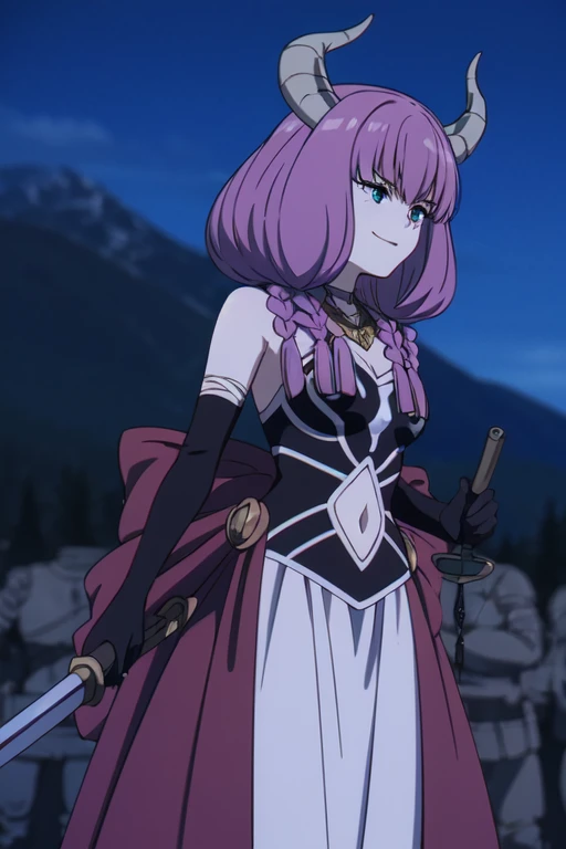 (((Best quality))),((Ultra-detailed)),((illustration)),((Disheveled hair)),((frilld)),(1 girl),
1girl,armor,blurry,breasts,cape,elbow gloves,gloves,holding,holding sword,holding weapon,horns,long hair,outdoors,over shoulder,pink hair,sky,smile,solo,sword,weapon,(weapon over shoulder:1.4),