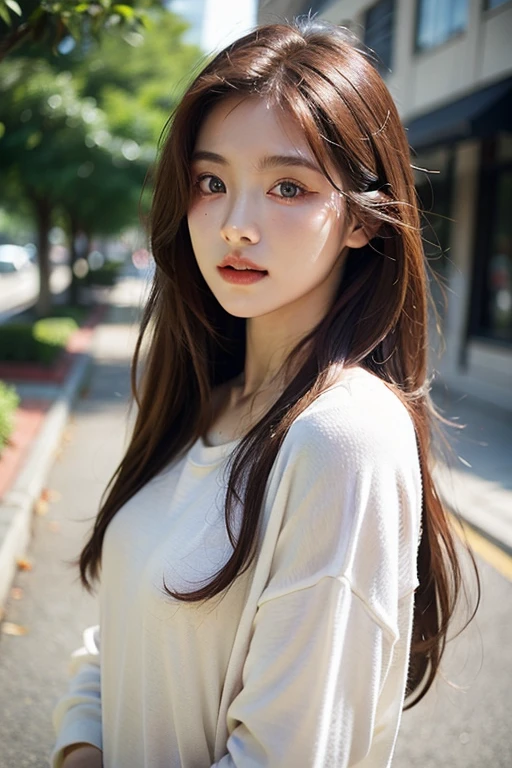 ((best quality)), ((masterpiece)), (detailed), 1girl with fair skin, auburn hair and golden amber eyes(in casual clothing)