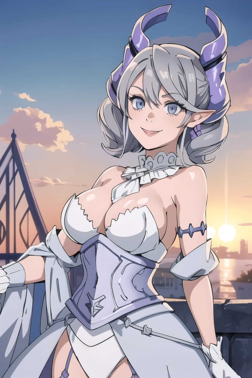 Beautiful arts wallpaper Sunset Outside castle top  High level image quality　best image quality　8K　 adult woman   silver castle outside  more colors   whole body view　portrait　 bikini blue   　horn    ears  　short hair（（shortcut）（gray hair）（perm）（fluffy））　eye color is blue ,  , 　attractive evil face , smile   ,  heroic stance   ,  labrynth ,  barearm  ,gloves   , wearing pink   , standing , 