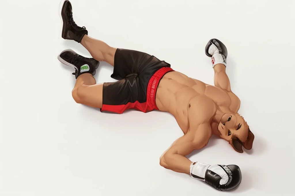 a detailed picture of a boxing match (one male anthros), slim body, slim features, in a boxing ring, Ross Tran, ruan jia, trending on artstation, foxovh, ((terrier dog, reddish-brown fur, green shorts, knocked out on the floor)), from side