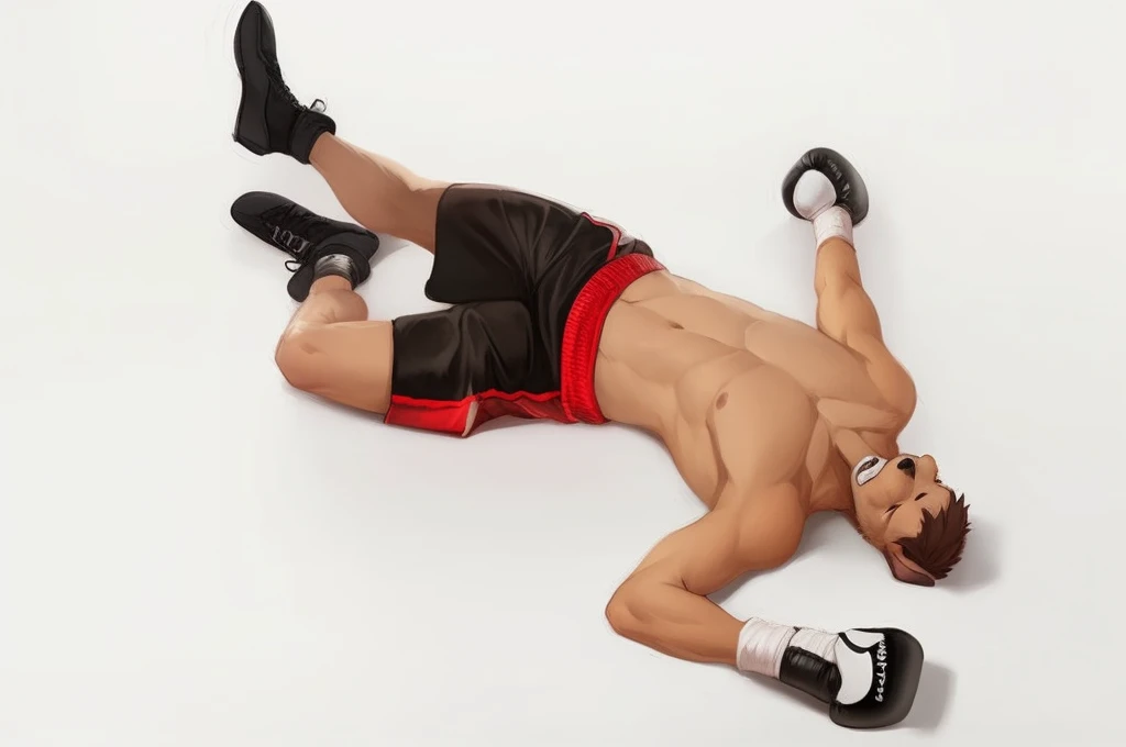 a detailed picture of a boxing match (one male anthros), slim body, slim features, in a boxing ring, Ross Tran, ruan jia, trending on artstation, foxovh, ((terrier dog, reddish-brown fur, green shorts, knocked out on the floor)), from side