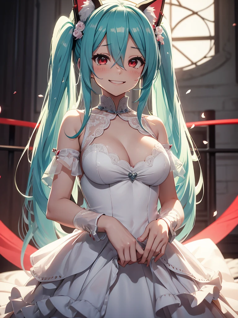hatsune miku, red eyes, wedding dress, big tits, smiling, cat ears, cry