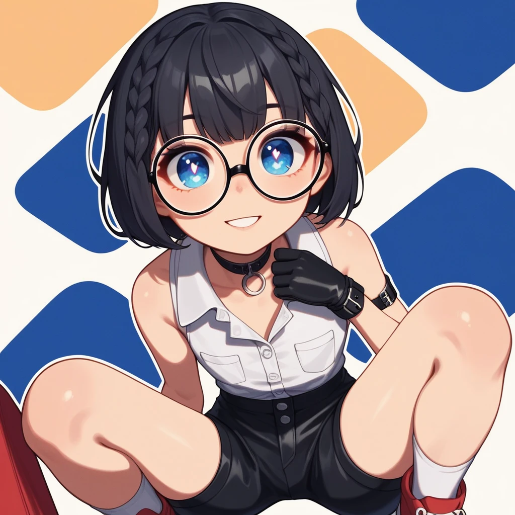 single angle, one girl, light orange skin, oval face, slightly thin black hair, blue inner color, bob cut, not trimmed hair, large blue eyes, small pink pupils, Open eyes, round ears, flat chest, sleeveless white business shirt, shirt out, wide cuffs, wide leg plain black shorts rolled up cuffs, white socks, black choker, Red sneakers, wearing tight black leather gloves on his right hand up to the wrist, wearing tight black leather gloves on his left hand up to the wrist, plain white left chest pocket, collar wrap,White buttons, 1 super tight black armlet on the right upper arm, Nothing on the left upper arm,wearing a white watch on the left wrist, Long eyelashes ,Black under-rim glasses, thin oval eyes, thick upper arm, blue french braided behind right ear, no right side bang, thick outline, , dotted mouth, straight bang, simple background, hands on own chest, smiling