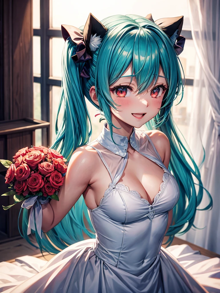 hatsune miku, red eyes, wedding dress, big tits, smiling, cat ears, cry
