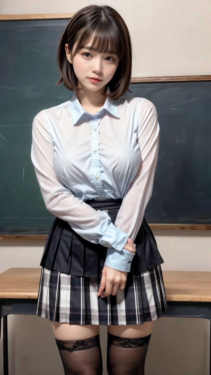 masterpiece, best quality, illustration, Super detailed, fine details, High resolution, 8K,wall paper, perfect dynamic composition,(Details High quality, realistic depiction of eyes:1.3), (white school shirt :1.2), (plaid skirt :1.3), tie black, black thigh-high stockings, standing, open legs, short bob hair, in a classroom, blackboard in the background, deep on field, large breasts, black hair color, Big Natural Color Lip, (perfect body shape), crying a little、Harajuku style、30 year old girl、cute type、lolita、beautiful legs, Gravure Idol