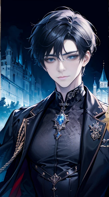 boy,（tmasterpiece，A high resolution，ultra - detailed:1.0）,（Perfect male body），Expose the chest, Delicate eyes and delicate face，Extremely detailed CG，Complicated detail，gentle smile，elf ears，Face away from the light source，blue glowing eyes，black hair,（A seductive smile), solo person, full bodyesbian, Detailed background, Detailed face, (Medieval Gothic theme:1.1), Dynamic pose, (Sexy menswear, sexy silk clothes, Gothic style clothing），medieval clothing, dark castle，Castle background，a medieval castle，sportrait