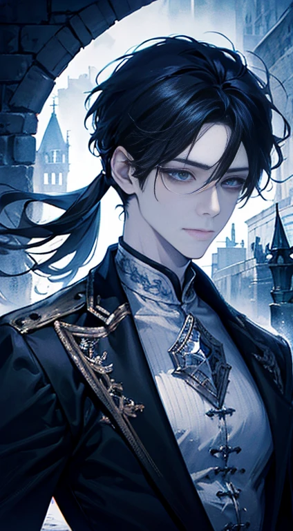 boy,（tmasterpiece，A high resolution，ultra - detailed:1.0）,（Perfect male body），Expose the chest, Delicate eyes and delicate face，Extremely detailed CG，Complicated detail，gentle smile，elf ears，Face away from the light source，blue glowing eyes，black hair,（A seductive smile), solo person, full bodyesbian, Detailed background, Detailed face, (Medieval Gothic theme:1.1), Dynamic pose, (Sexy menswear, sexy silk clothes, Gothic style clothing），medieval clothing, dark castle，Castle background，a medieval castle，sportrait
