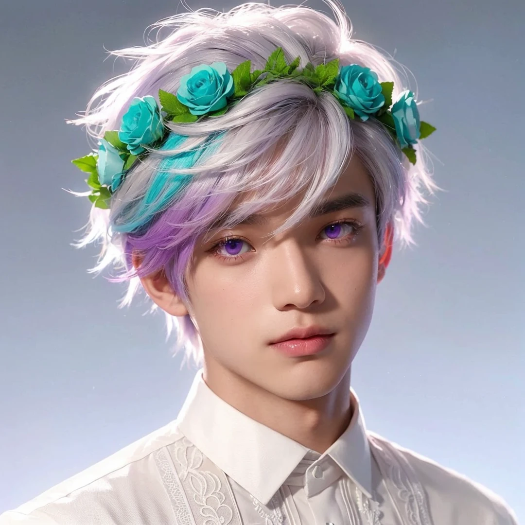 handsome male teen, (white hair highlighted with pink, turquoise, and purple), purple eyes, wearing green and light blue flower crown, wearing white barong tagalog