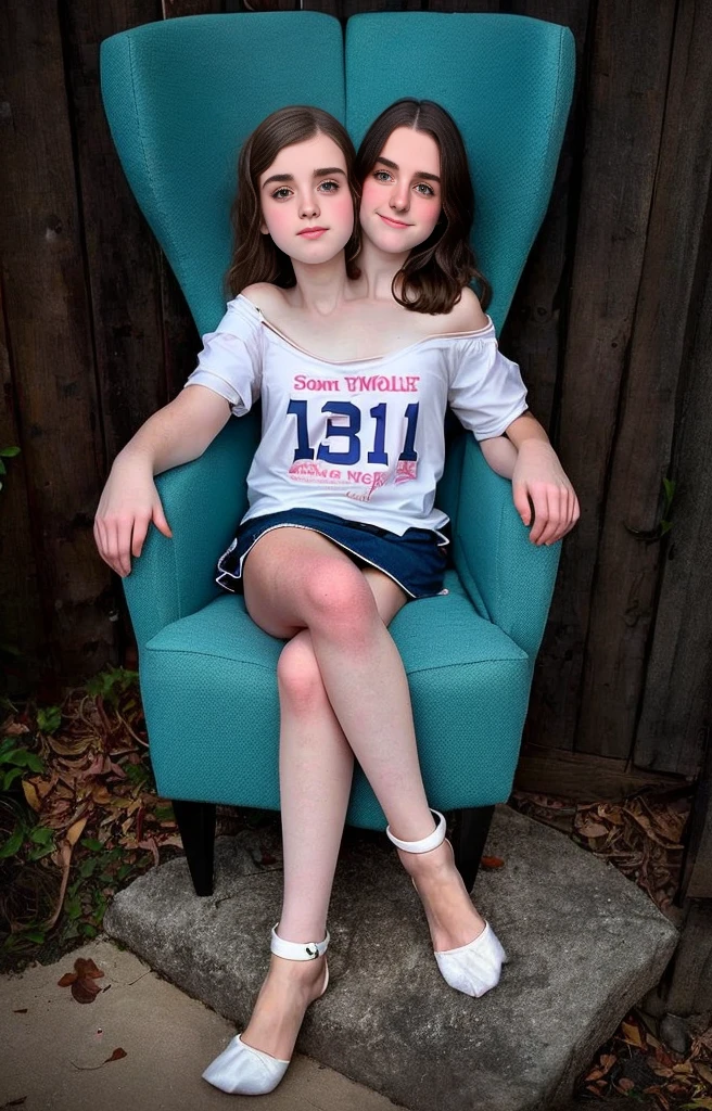 2heads, two headed girl, (a 13 year old girl and a 30 year old woman:1.5), barefoot
