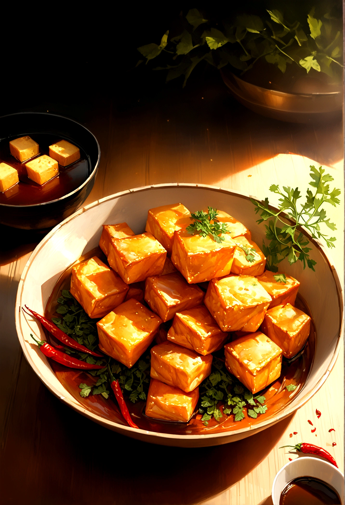 crispy fried tofu, oil painting, ((brown)), ((crispy tofu)), ((coriander leaves)), ((red chillies)), ((small bowl)), ((soy sauce)), ((spicy)), ((hot)), high quality, 8k, photorealistic, realistic, masterpiece, intricate details, vibrant colors, natural lighting, studio lighting