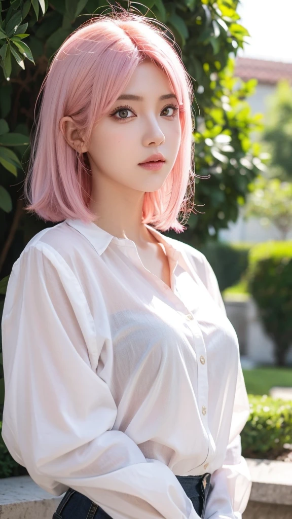 a girl with medium pink hair and yellow eyes wearing a white blouse