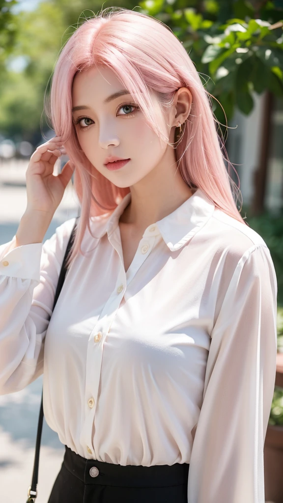 a girl with medium pink hair and yellow eyes wearing a white blouse