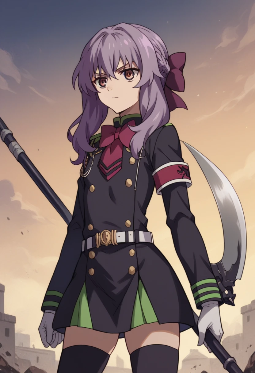 score_9, score_8_up, score_7_up, score_6_up, score_5_up, score_4_up, source_anime, aashinoa, long hair, purple hair, hair bow, brown eyes, small breasts, military uniform, red bowtie, black dress, long sleeves, armband, white gloves, belt, black thighhighs, standing, cowboy shot, holding weapon, scythe, outdoors, night,