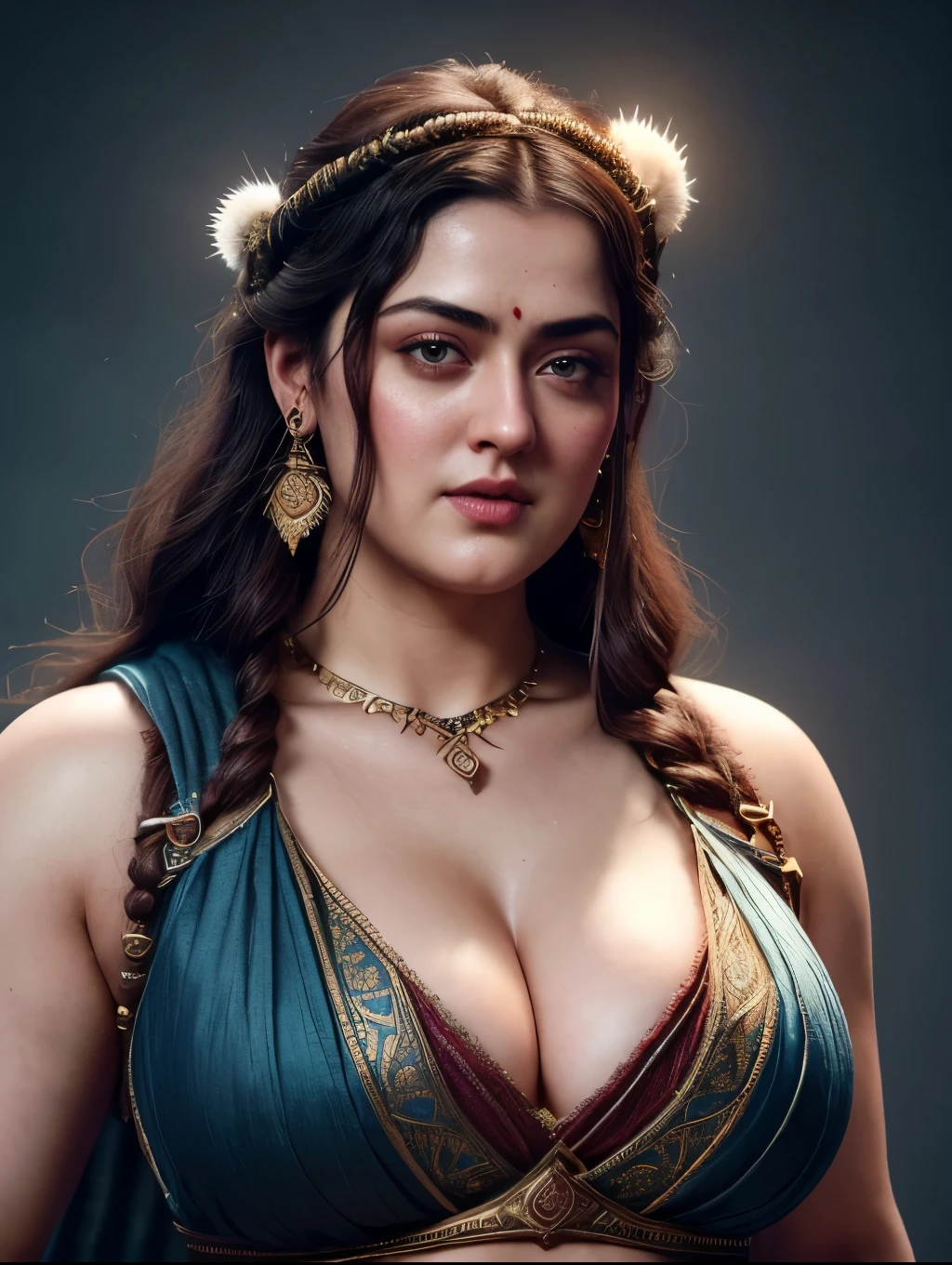 Looks like Sandeepa Dhar, curvy, female barbarian fantasy!!! dressed in vyshyvanka!!!! character concept art, sharp focus, octane render! unreal engine 5! highly rendered!! trending on artstation!! detailed linework!! illustration by artgerm, wlop, and chie yoshii, showing stubble armpits,