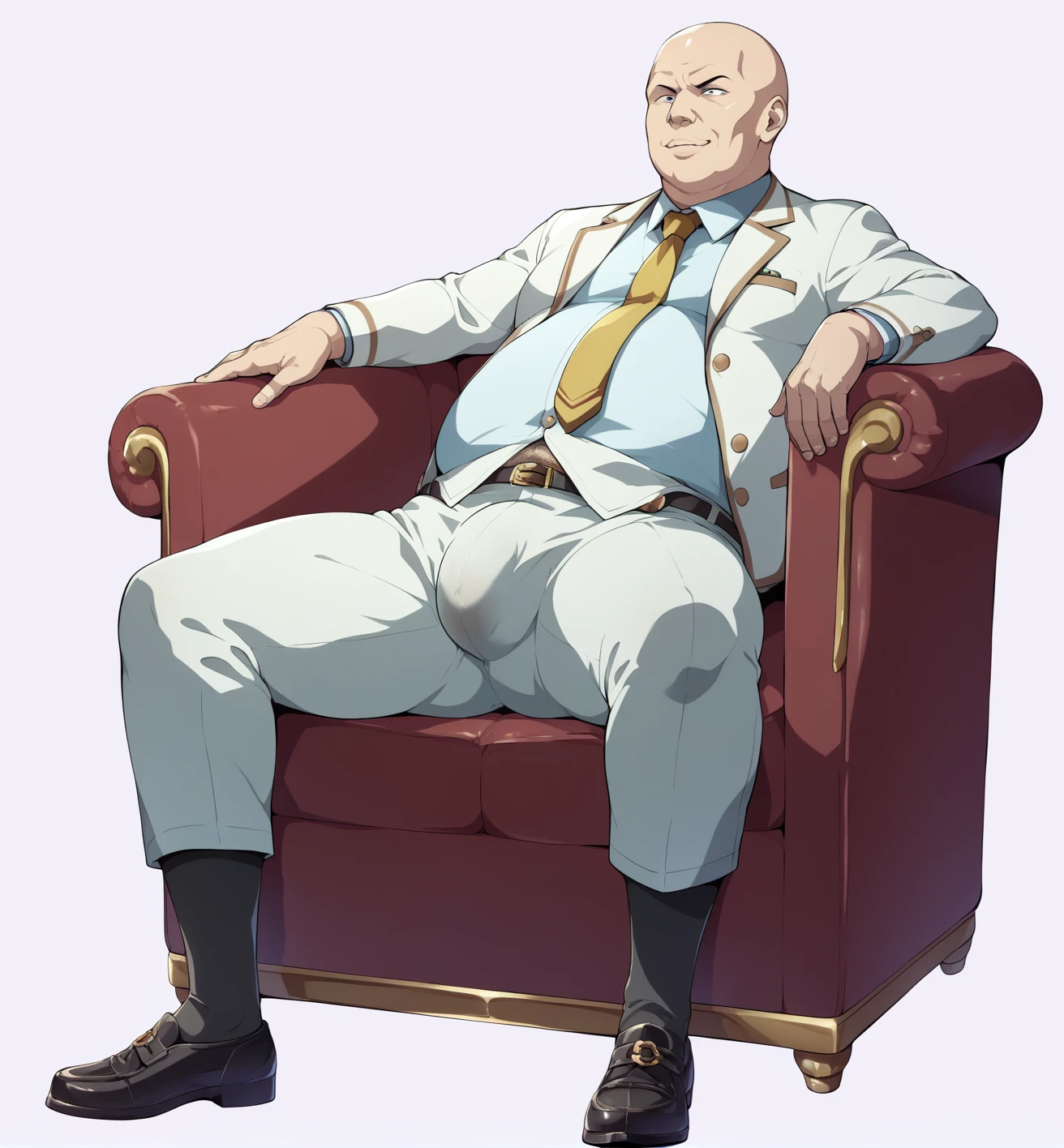 Ultra-detailed illustrations、Ultra-precise expression、masterpiece、Highest quality、ultra High resolution、High resolution、Hiromitsu Takeda Style、White background、Simple Background、sit、whole body、Luxurious sofa、Bulging crotch、Big crotch、White Suit、Black socks、One fat old man、Bald Head、No Face、solo、Leather shoes、White jacket、Gold tie、((Extra thick penis、Huge penis))、erection、