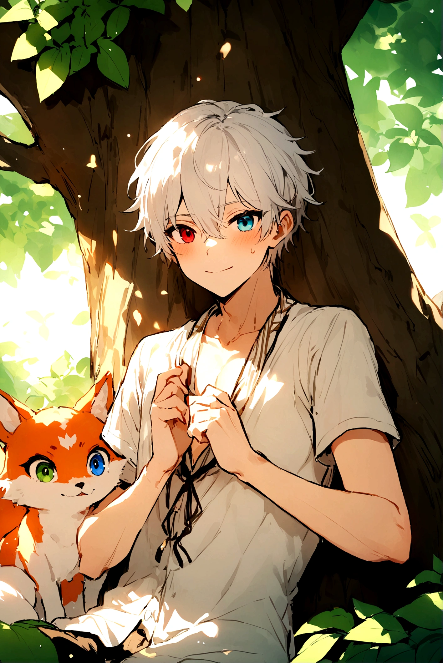 high quality，HD，Foxes，White Hair，Heterochromia（Blue，Light purple），Summer，Behaving Nobly，Lazy temperament，Handsome，Rest under the tree，Sunshine on the face，Gentle personality，male