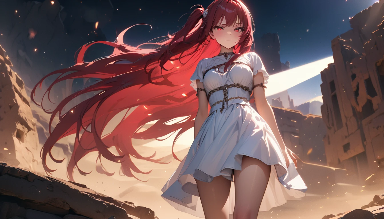 masterpiece, Best quality, 1 girl, Morgiana slave, cowboy shot, torn white dress, in a white tunic to the knee, filthy, Red eyes, one side up, Red hair, chains, desert ruins, Desert background, sand, disgust, Looking at the viewer, bottom view,  Looking at the viewer, smile, ., High view, particles and hard light, cut corner. depth of field、natural soft light、professional lighting、aboutтличная smile、(highly detailed skin: 1.2)、Photorealistic render of an anime girl、Bright highlights of the eyes、Ideal Anatomy、、permission 8k、complex parts、Toned waist、Wide buttocks、Эффект Тиндаллаmasuter piece、top quality、Highest standards、Highest image quality、table、complex parts、A high resolution、depth of field、natural soft light、professional lighting、about, standing, very long hair, cowboy shot, brilliant, brilliant hair, (night:1.2),Dreamy, [[gentle fingers and hands:0.55]::0.85],(detailed fingers),),(emotional),(breathtaking),(main part:1.2) whole body.), (Anime Style), (Super Detailed), (brutal), (uhd, HDR), (8K), (High Resolution: 1.2), (Complex and Beautiful: 1.2)