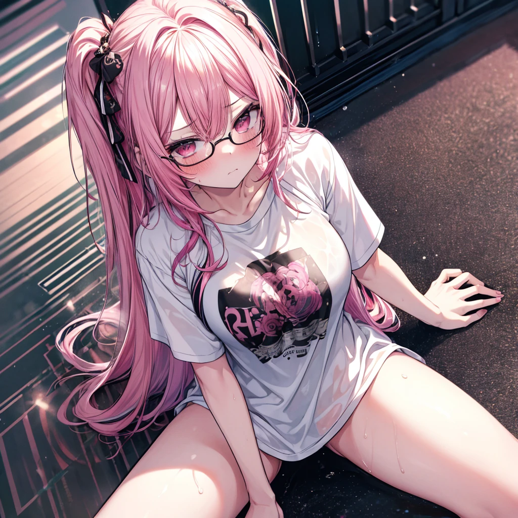 ((Highest quality)), ((masterpiece)), ((detailed)), (4K), nsfw, 1girl, 独奏, multicolored hair, lightpink hair, black hair, g-string, white T-shirt, glasses, large breasts, spread legs, (looking down), (from above), looking at viewer, wet, sweat, blush, angry