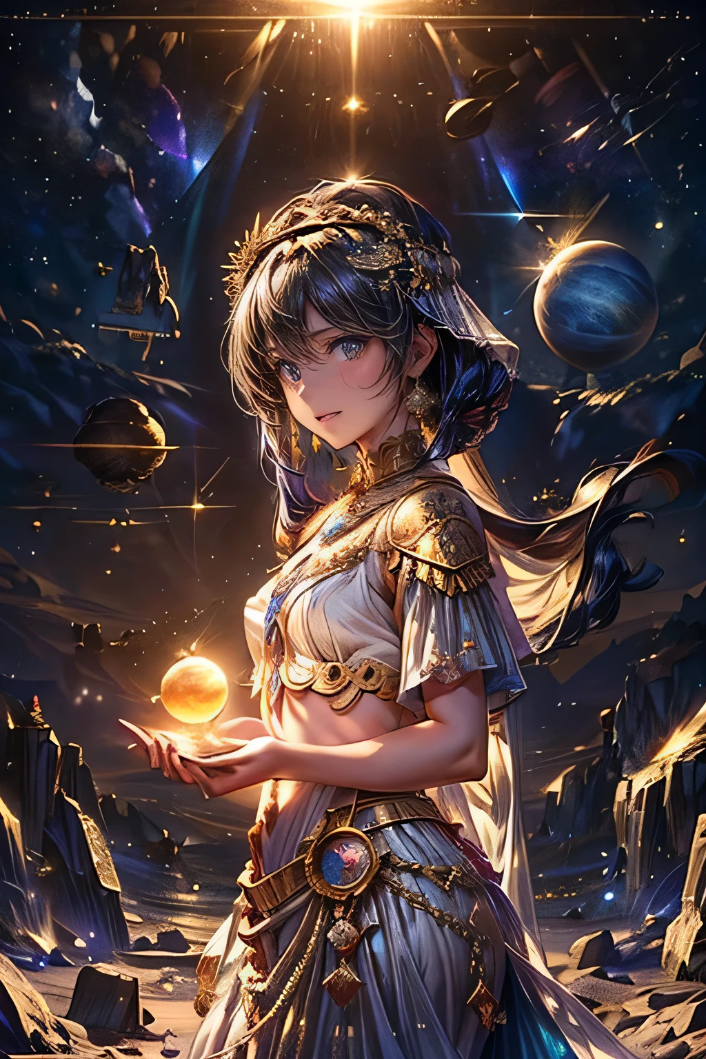 A beautiful young astrologist girl in ancient Babylonia, performing celestial divination to determine the fortune and fate of the royal family, detailed depiction of the sun, moon, planets and asteroids, intricate astrological symbols and celestial patterns, dramatic lighting, cinematic composition, vibrant colors, digital art, concept art, masterpiece, 8k, high quality, photorealistic