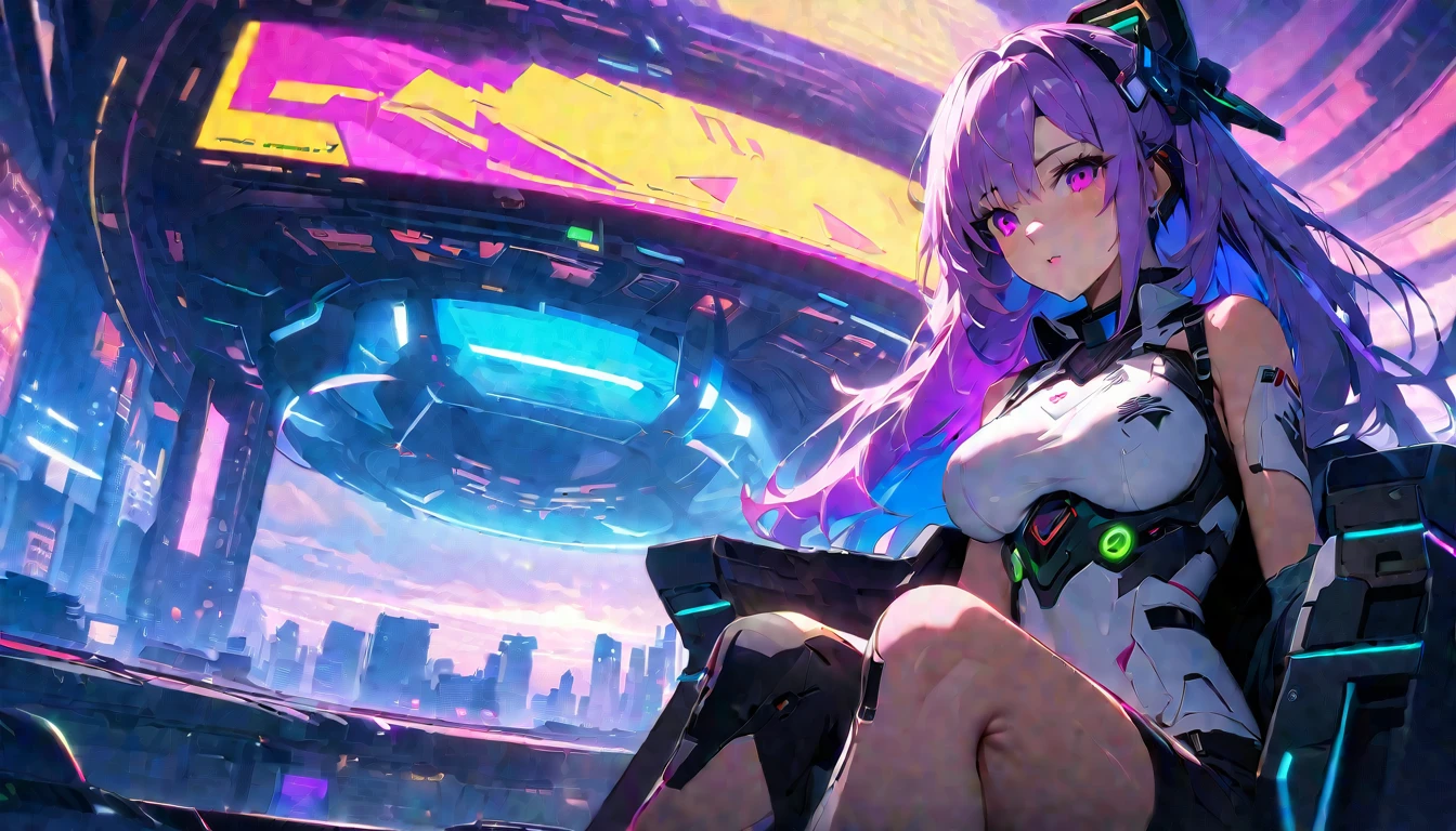 шедевр, Лучшее качество, 1 девушка, anime girl with purple hair sitting on a chair in front of a space ship, oppai cyberpunk, cyberpunk anime art, anime cyberpunk art, digital cyberpunk - anime art, digital cyberpunk anime art, cyberpunk anime girl, anime cyberpunk, female cyberpunk anime girl, digital cyberpunk anime!!, cyberpunk anime girl mech, smooth anime cg art, cyberpunk beautiful girl, detailed digital anime art, dreamy cyberpunk girl, cyberpunk girl, modern cyberpunk anime, detailed anime artwork, anime art wallpaper 4k, anime art wallpaper 4 k, ( ( cyberpunk ) )、высшее качество、Высочайшие стандарты、Высочайшее качество изображения、стол、сложные детали、высокое разрешение、Глубина поля、естественный мягкий свет、профессиональное освещение、О, стоя, very длинные волосы, ковбойский выстрел, блестящий, блестящий hair, (ночь:1.2),мечтательный, [[нежные пальцы и руки:0.55]::0.85],(детальные пальцы),),(эмоциональный),(захватывающий),(основная часть:1.2) все тело.), (Anime Style), (Super Detailed), (Brutal), (UHD, HDR), (8K), (High Resolution: 1.2), (Complex and Beautiful: 1.2)