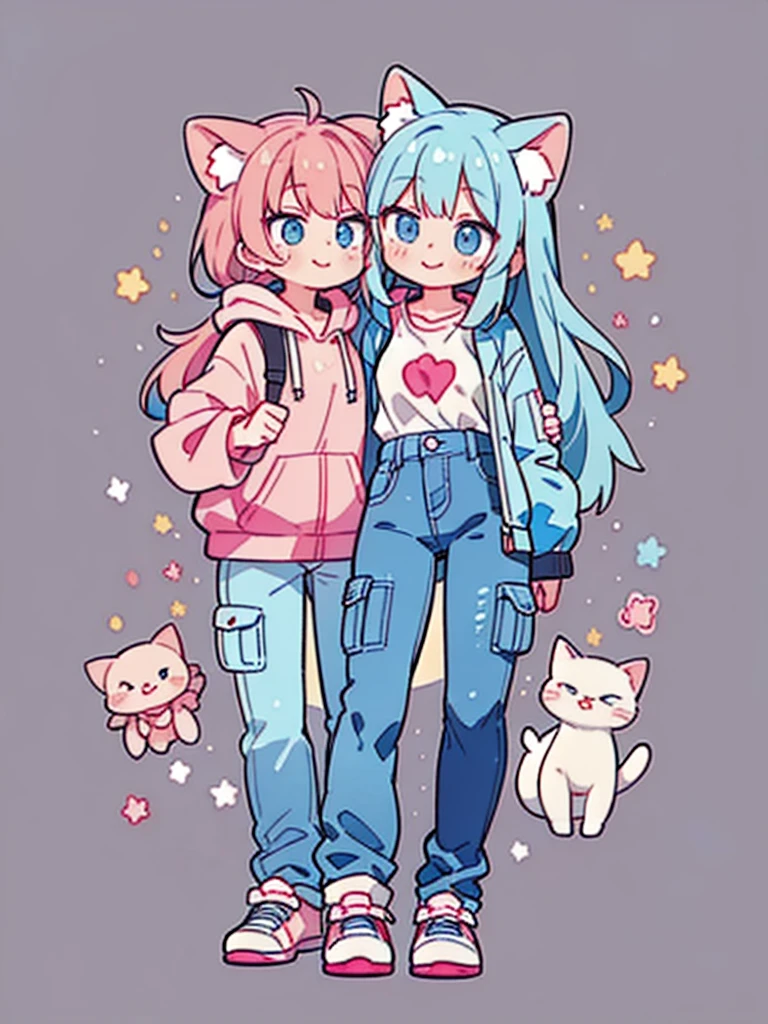 ((Highest quality，masterpiece，Extremely complex and exquisite details，A short girl with gray and blue cat ears and long hair is in the center，Gray blue super long straight hair，Curly hair at the ends，Sparse air bangs，Gray and pink T-shirt，Denim hooded cropped jacket，Black and gray long cargo pants，Standing on a super cute cat))，(pink and white sneakers，Smile slightly，Surrounded by tons of cute short-legged cats，Correct ???????)，Super Q super cute short full body portrait，Starry sky background vertical painting space scene