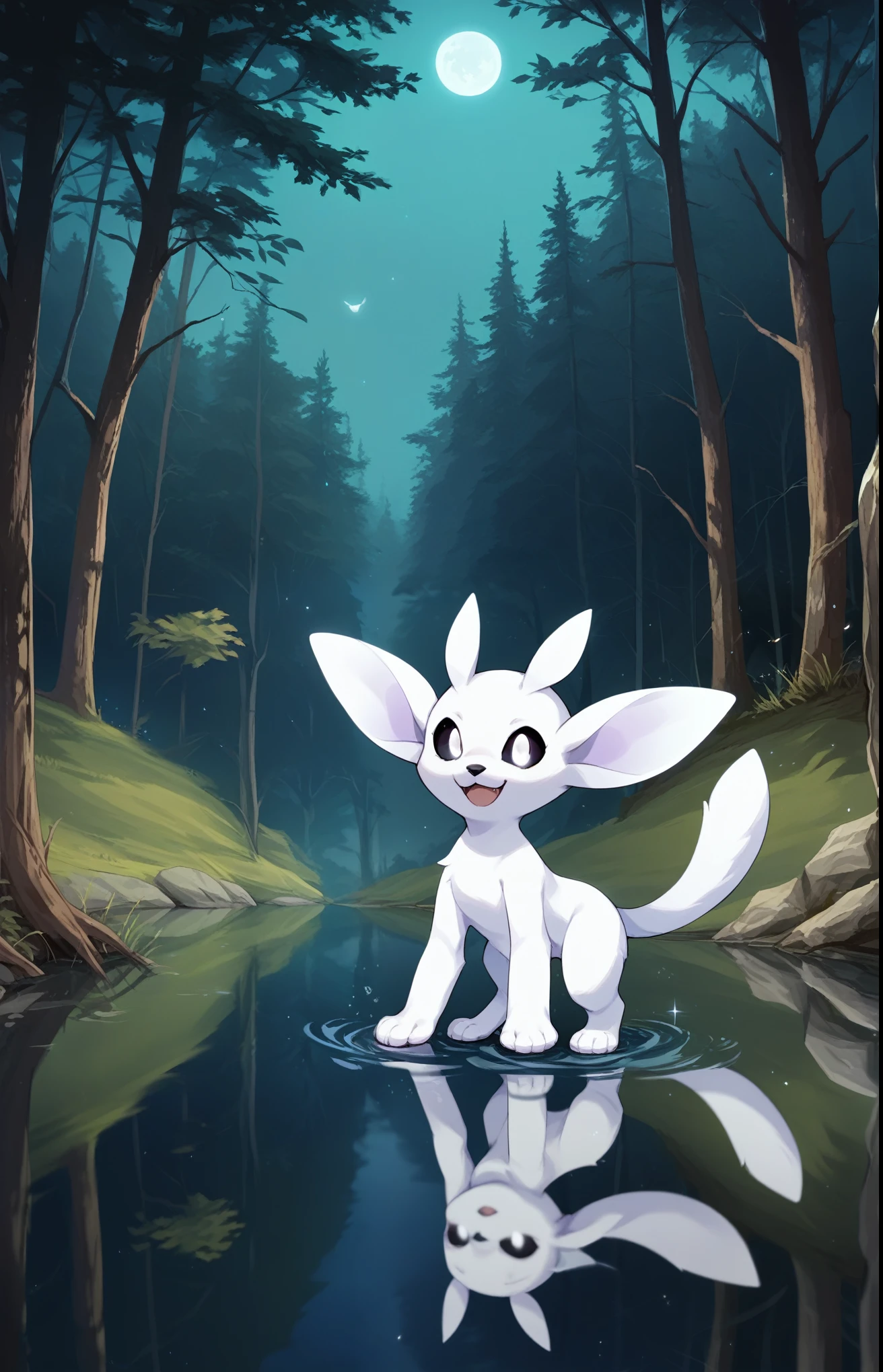 ori, white fur, paws, tail, black sclera, white eyes, black nose, source_anime, upper body, forest, tree, grass, standing, tree trunk, lake, water, reflection, pawpads, night, open mouth, smile, photoshop \(medium\), dark environment, purple light, volumetric fog,, score_9, score_8_up, score_7_up, score_6_up, score_5_up, score_4_up, ponypositive,