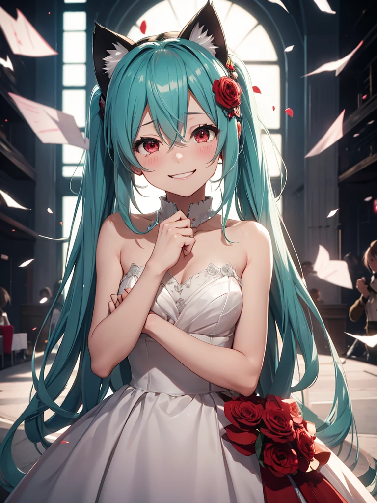 hatsune miku, red eyes, wedding dress, smiling, cat ears, crying with joy