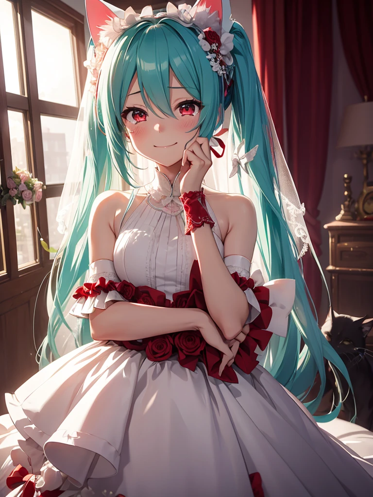 hatsune miku, red eyes, wedding dress, smiling, cat ears, crying with joy