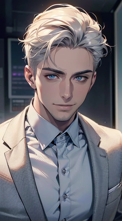 (best quality,4k,8k,highres,masterpiece:1.2),ultra-detailed,(realistic,photorealistic,photo-realistic:1.37),1 man,31 years old,mature man,very handsome,without expression,smile,short white hair,blue eyes,penetrating gaze,perfect face without errors,imposing posture,businessman,office background,cinematic lighting,hdr image