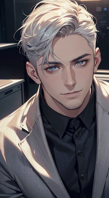 (best quality,4k,8k,highres,masterpiece:1.2),ultra-detailed,(realistic,photorealistic,photo-realistic:1.37),1 man,31 years old,mature man,very handsome,without expression,smile,short white hair,blue eyes,penetrating gaze,perfect face without errors,imposing posture,businessman,office background,cinematic lighting,hdr image