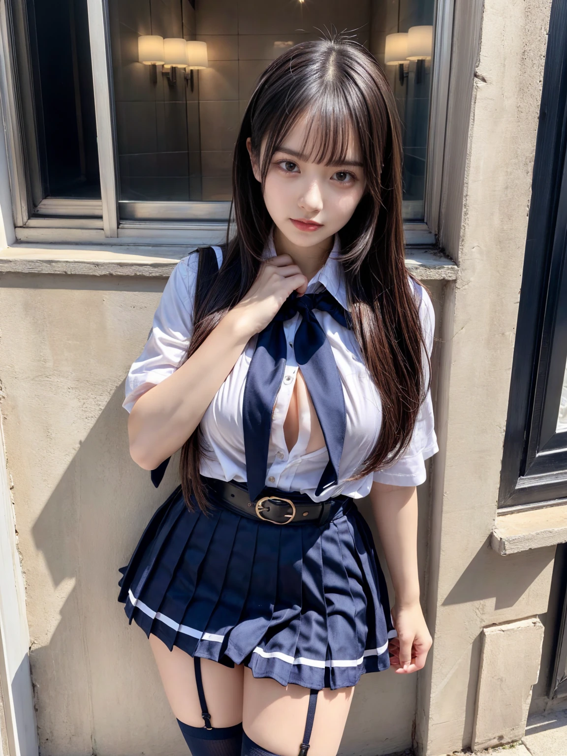 (8K, Raw photography, top-quality, masterpiece:1.2), master piece, best quality, illustration, Super detailed, fine details, High resolution, 8K,wall paper, perfect dynamic composition,(Details High quality, realistic depiction of eyes:1.3), ((2 girls, 2 schoolgirls)), The background is a luxury hotel room、High school girl uniform、blazer 、Super Short Check Uniform Skirt、Navy blue high socks、garterbelts、Colossal tits、Disturbed uniform, Play with each other,Touching each other's bodies,Touching the body of the girl next door, short bob hair, black hair color, huge breasts, Big Natural Color Lip, bold sexy pose, (perfect body shape), crying a little、cold gaze, Beautiful makeup,glitter makeup,Cutest 18 years old, beautiful legs, hposing Gravure Idol, Voluptuous thighs