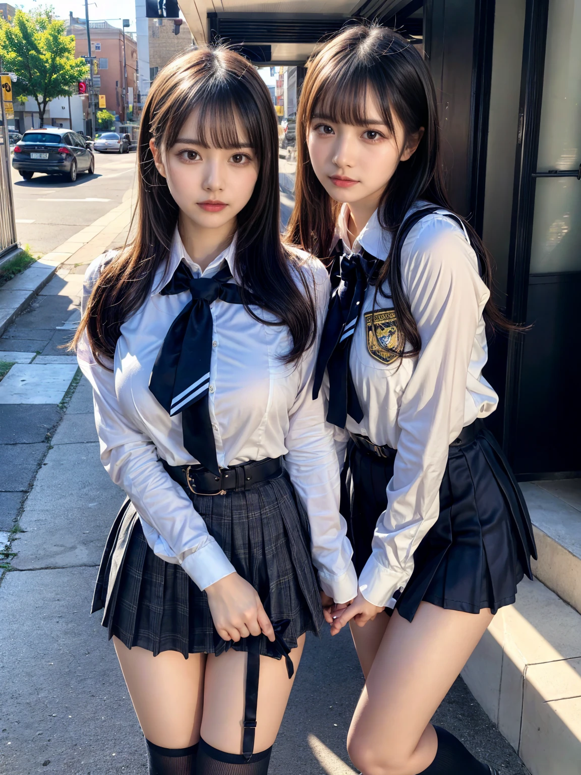 (8K, Raw photography, top-quality, masterpiece:1.2), master piece, best quality, illustration, Super detailed, fine details, High resolution, 8K,wall paper, perfect dynamic composition,(Details High quality, realistic depiction of eyes:1.3), ((2 girls, 2 schoolgirls)), The background is a luxury hotel room、High school girl uniform、blazer 、Super Short Check Uniform Skirt、Navy blue high socks、garterbelts、Colossal tits、Disturbed uniform, Play with each other,Touching each other's bodies,Touching the body of the girl next door, short bob hair, black hair color, huge breasts, Big Natural Color Lip, bold sexy pose, (perfect body shape), crying a little、cold gaze, Beautiful makeup,glitter makeup,Cutest 18 years old, beautiful legs, hposing Gravure Idol, Voluptuous thighs