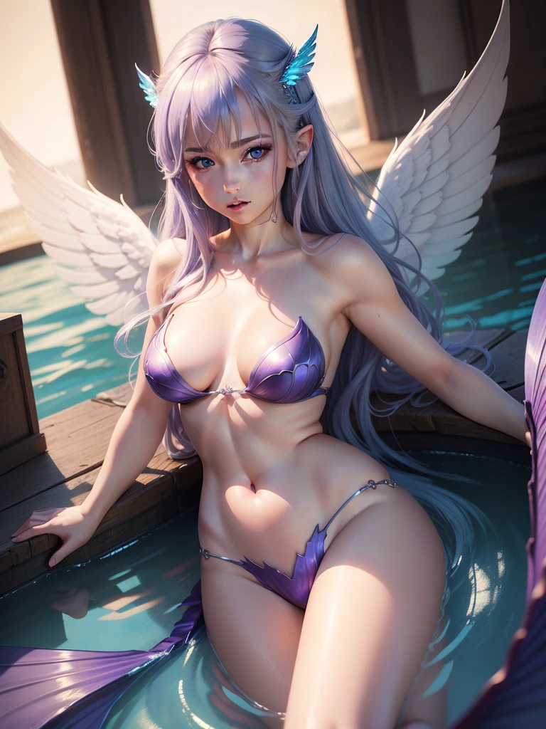 Blonde woman with blue eyes 、girl mermaid wings on back pointy ears fish lower body angel wings blue-purple hair soft portrait shot 8k、realistic beautiful face、8K portrait rendering、realistic beautiful face、beautiful realistic face、Photorealistic anime girl rendering、surreal beautiful face、8K realistic digital art、realistic digital art 4k、realistic digital art 4k、highly realistic digital art,{{{{dynamic angle whole body}}}},{{{{dynamic angle whole body}}}}