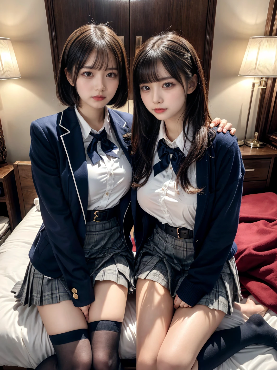(8K, Raw photography, top-quality, masterpiece:1.2), master piece, best quality, illustration, Super detailed, fine details, High resolution, 8K,wall paper, perfect dynamic composition,(Details High quality, realistic depiction of eyes:1.3), ((2 girls, 2 schoolgirls)), The background is a luxury hotel room、High school girl uniform、blazer 、Super Short Check Uniform Skirt、Navy blue high socks、garterbelts、Colossal tits、Disturbed uniform, Play with each other,Touching each other's bodies,Touching the body of the girl next door, short bob hair, black hair color, huge breasts, Big Natural Color Lip, bold sexy pose, (perfect body shape), crying a little、cold gaze, Beautiful makeup,glitter makeup,Cutest 18 years old, beautiful legs, hposing Gravure Idol, Voluptuous thighs