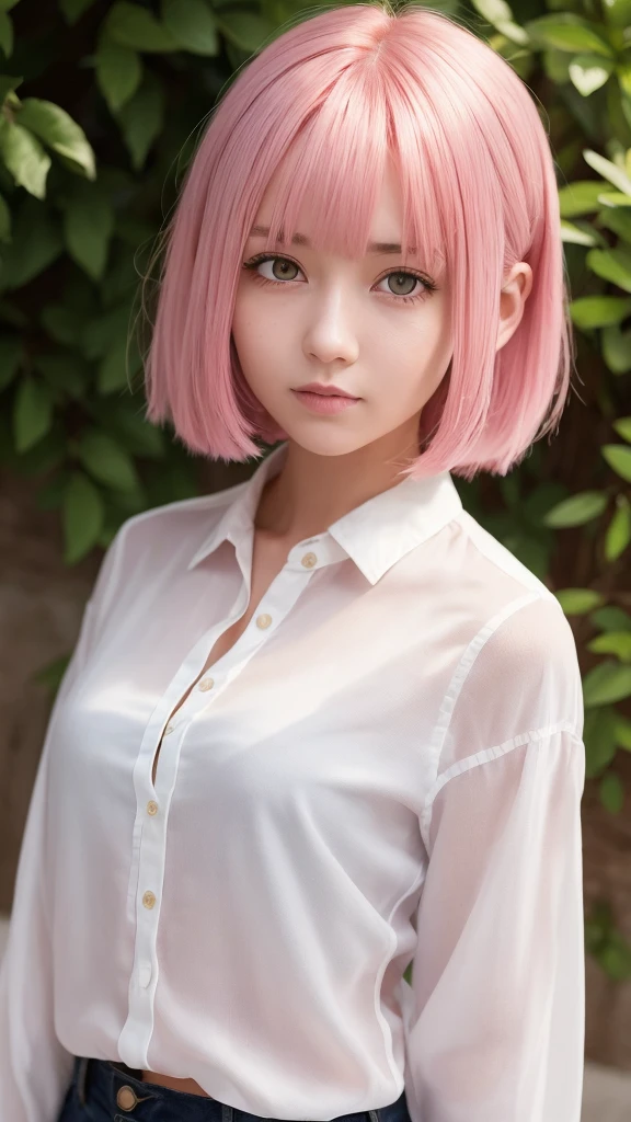 a girl with medium pink hair and yellow eyes wearing a white blouse