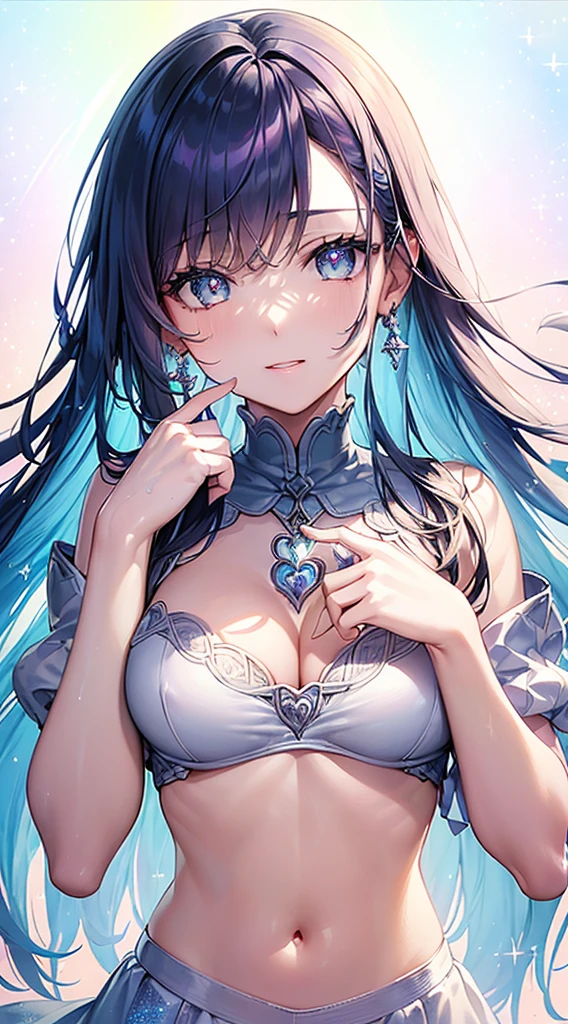 Soft Focus , (Bright gradient watercolor :1.5, Lens Flare:1.5 , Glitter :1.5), Glow , Dreamy , White background、Grid illusion, Colorful, girl、((extremely detailed eye:1.5)),((Face Zoom:1.5)),((Face Focus:1.5)),(((masterpiece、top-quality、top-quality、watercolor paiting)))(Curly)、Official art、Beautifully Aesthetic:1.2)、(4girl:1.5)、(Fractal Art:1.3)、The upper part of the body、colourfull、((Ultra-detailed retina:1.5))、embarrassed from、(Midriff)、((Super Detail Eyes:1.5))、(rainbow-colored hair、colourful hair、Half blue and half light blue hair:1.5)、((the Extremely Detailed CG Unity 8K Wallpapers、masterpiece、top-quality))、((ultra-detailliert:1.2))、(The best lighting、Best Shadows、extremely delicate and beautiful)、(the Extremely Detailed CG Unity 8K Wallpapers、masterpiece、best qualtiy、ultra-detailliert)、(The best lighting、Best Shadows、extremely delicate and beautiful)、(the perfect body:1.5)、((High School Uniforms:1.5)),{{{{Dazzling brilliance}}}}、Rainbow Bridge、(masutepiece:1.2), Best Quality, (Illustration:1.2), (Ultra-detailed), hyperdetails, (delicate detailed), (Intricate details), (Cinematic Light, best quality backlight), solo women, Perfect body, (4girl), (Best Illumination, extremely delicate and beautiful), Cinematic Light、【emblem:Irridescent color 】、【emblem】、【emblem】、Blue sky with white angel wings proportional to body、Sunnyday、eye glass、(Hand and hand heart shape:1.5)