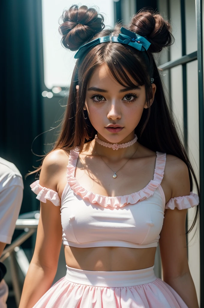 (masterpiece:1.7, best quality, ultra detailed, moonlight lights ratio, ultra realistic:1.3), Cinematic lighting:0.7, from above Aaraffe girl in a pink skirt and white top posing for a picture, frilly outfit, y 2 k cutecore clowncore, kawaii style, cutecore, , cute rave outfit, fantasy outfit, style of magical girl, lovely and cute, e - girl, e-girl, female furry mini cute style, rave outfit., ray tracing, film grain ISO 800, 16 mm lens, RAW f1.8 aperture, analog photography, HDR colors, deep depth of field, moody and atmospheric lighting, and a Lightroom cinematic filter.