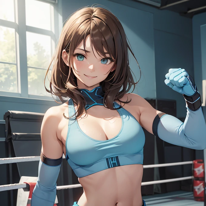 (absurdres, best high quality image, carefuly detailed features and textures, very detailed image, solo character alone, full character body and design): {{(1character: 20 years old human mage girl), (beautiful features, fair skin, medium straight light brown hair, green eyes, medium breasts, nice body), (light-blue wrestling outfil, light-blue wrestling bra, light-blue wrestling thong, light blue wrestling boots, light-blue wrestling gloves), (calm happy smile, relaxed expression), (wrestling gym)}}