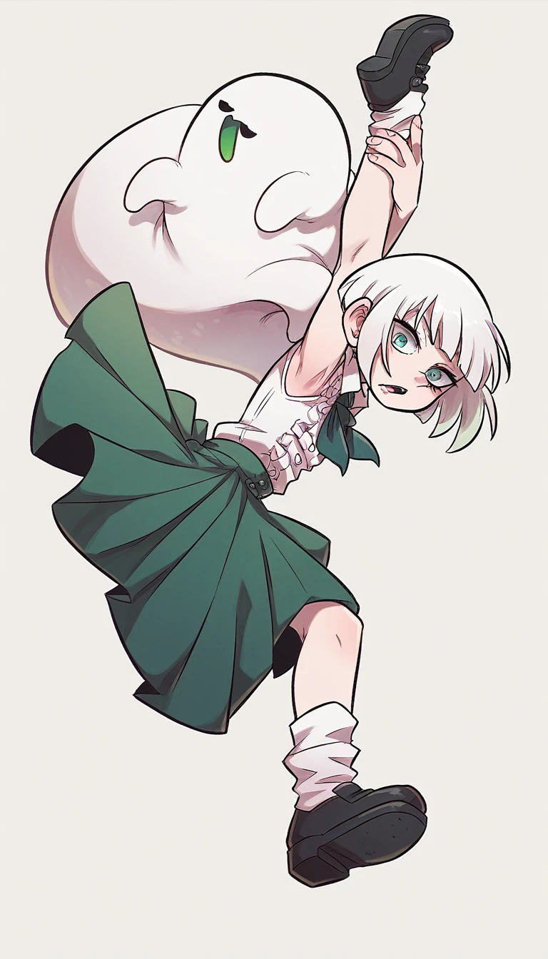 a tall girl, short hair, albino white hair, her green eye, glitter, big black eye, she wears a white button-down blouse, underneath a green sleeveless coat, a dark green maxi skirt, a pair of white socks, a black heel, carrying a flexible ghost katana.