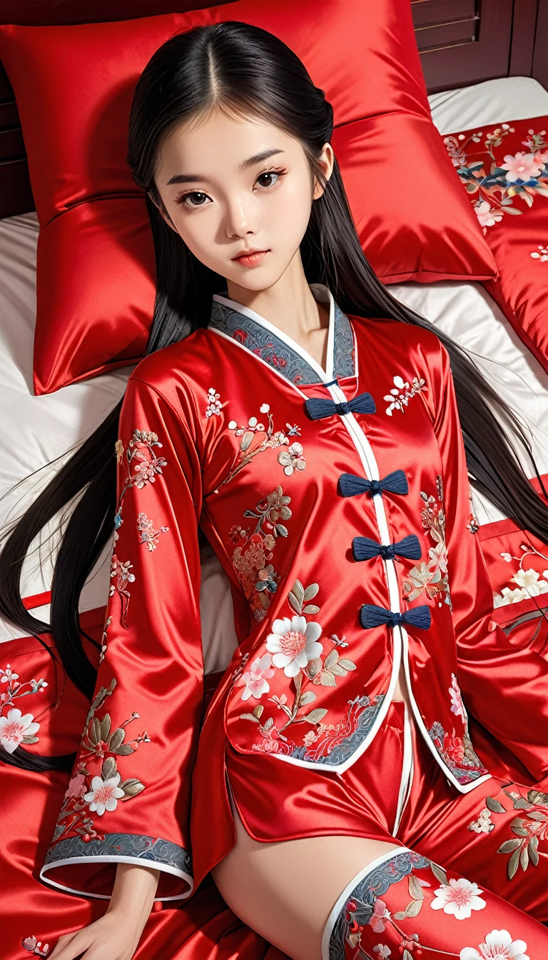 Beautiful  Chinese skinny kung fu girl princess with long black hair　Gorgeous embroidery, Ultra glossy, She is wearing shiny red long sleeve floral pajamas....　She is made to lie on a red enamel futon, with the futon over her upper body, her legs spread and her vagina examined.