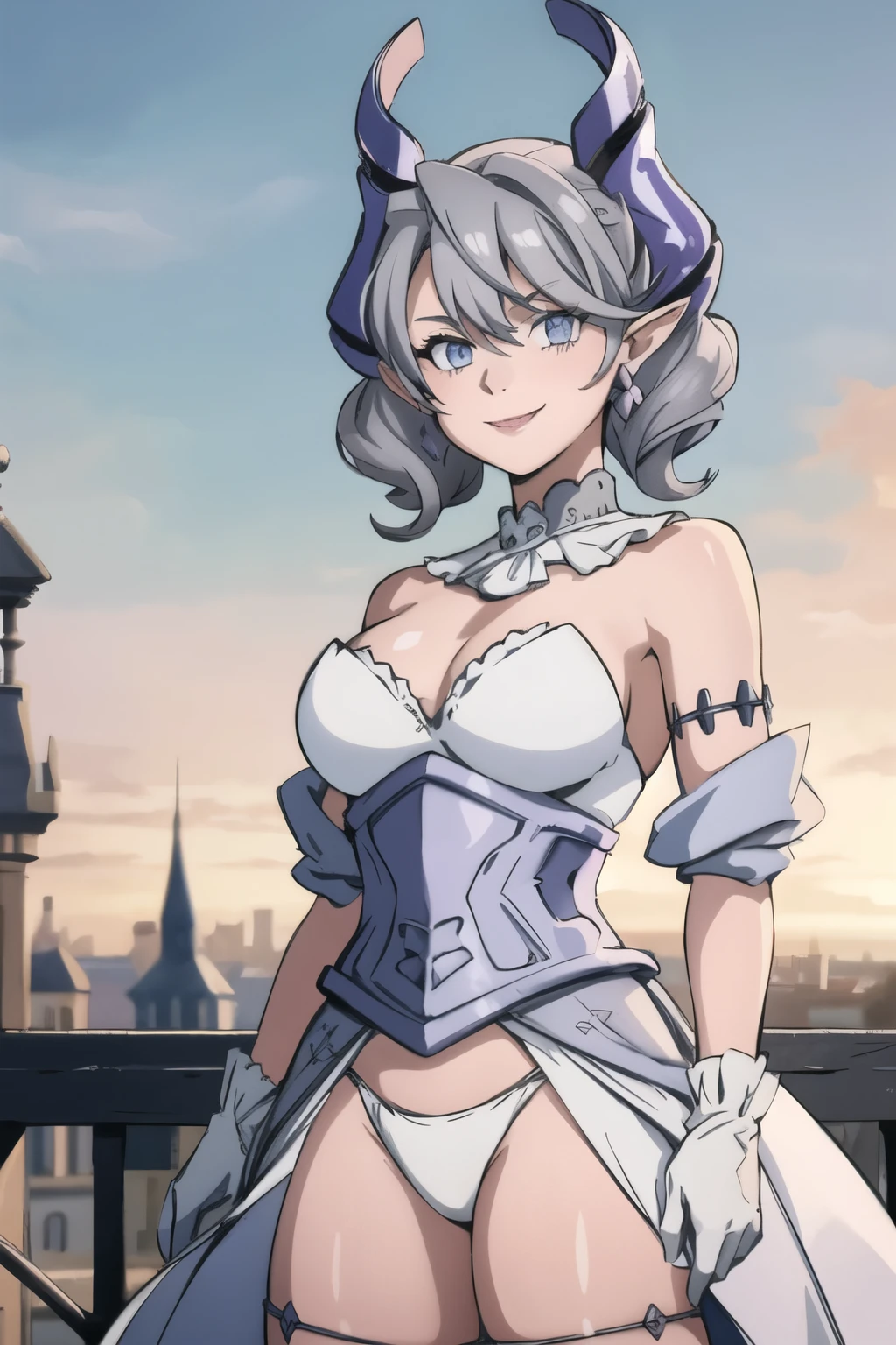 Beautiful arts wallpaper Sunset Outside castle top High level image quality best image quality 8K adult woman silver castle outside more colors whole body view portrait bikini blue horn ears short hair((shortcut)(gray hair)(perm)(fluffy)) eye color is blue , , attractive evil face , smile , heroic stance , labrynth , barearm ,gloves , wearing pink , standing ,